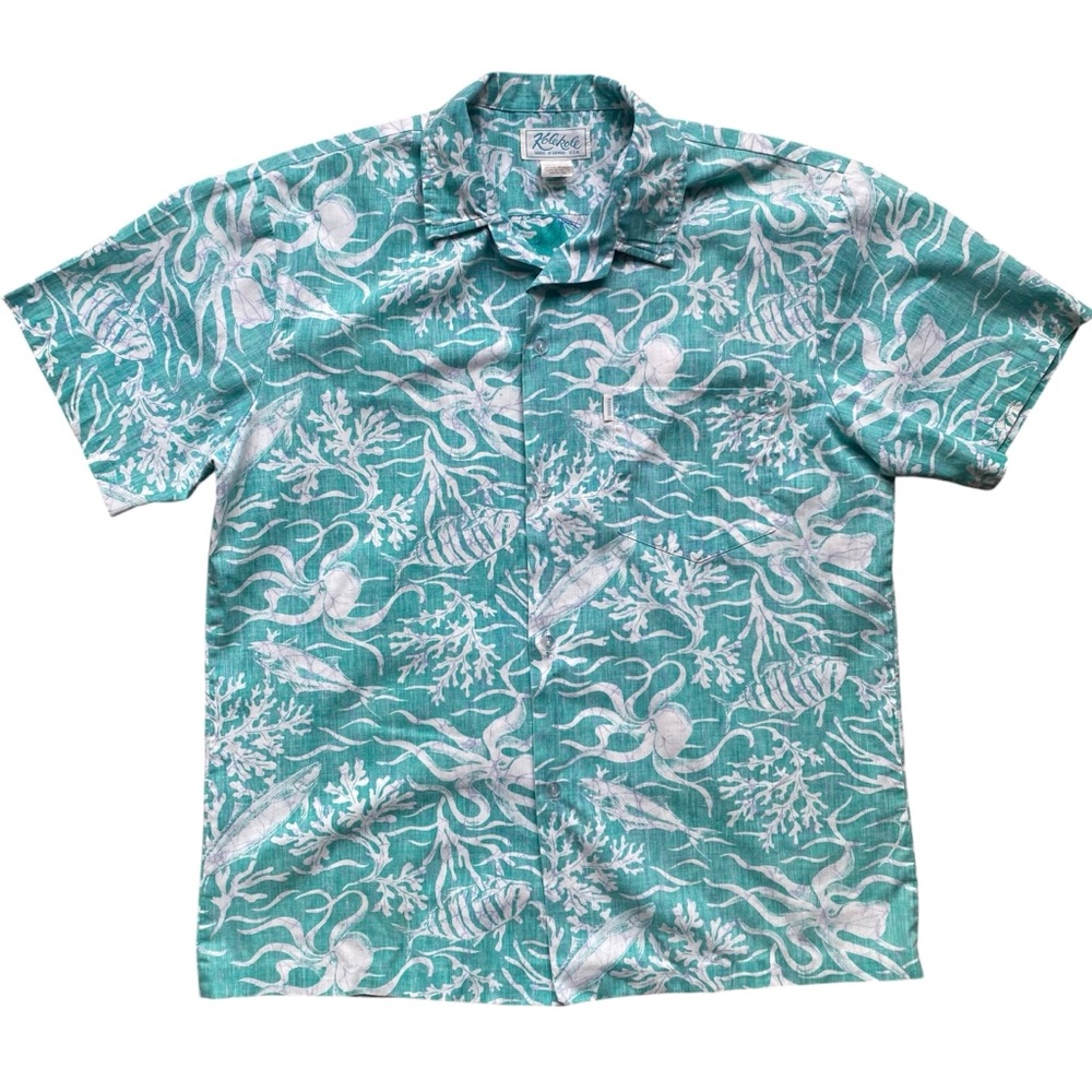 Kolekole Vintage Hawaiian Shirt Mens Large Green Floral Fish Print Pattern AOP